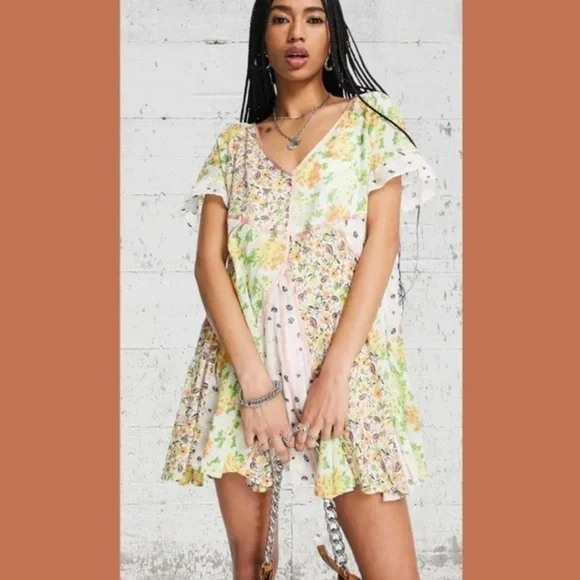 FREE PEOPLE Wildflower Airy Cotton Patchwork Oversized Minidress w/Slip NWT - Picture 9 of 16